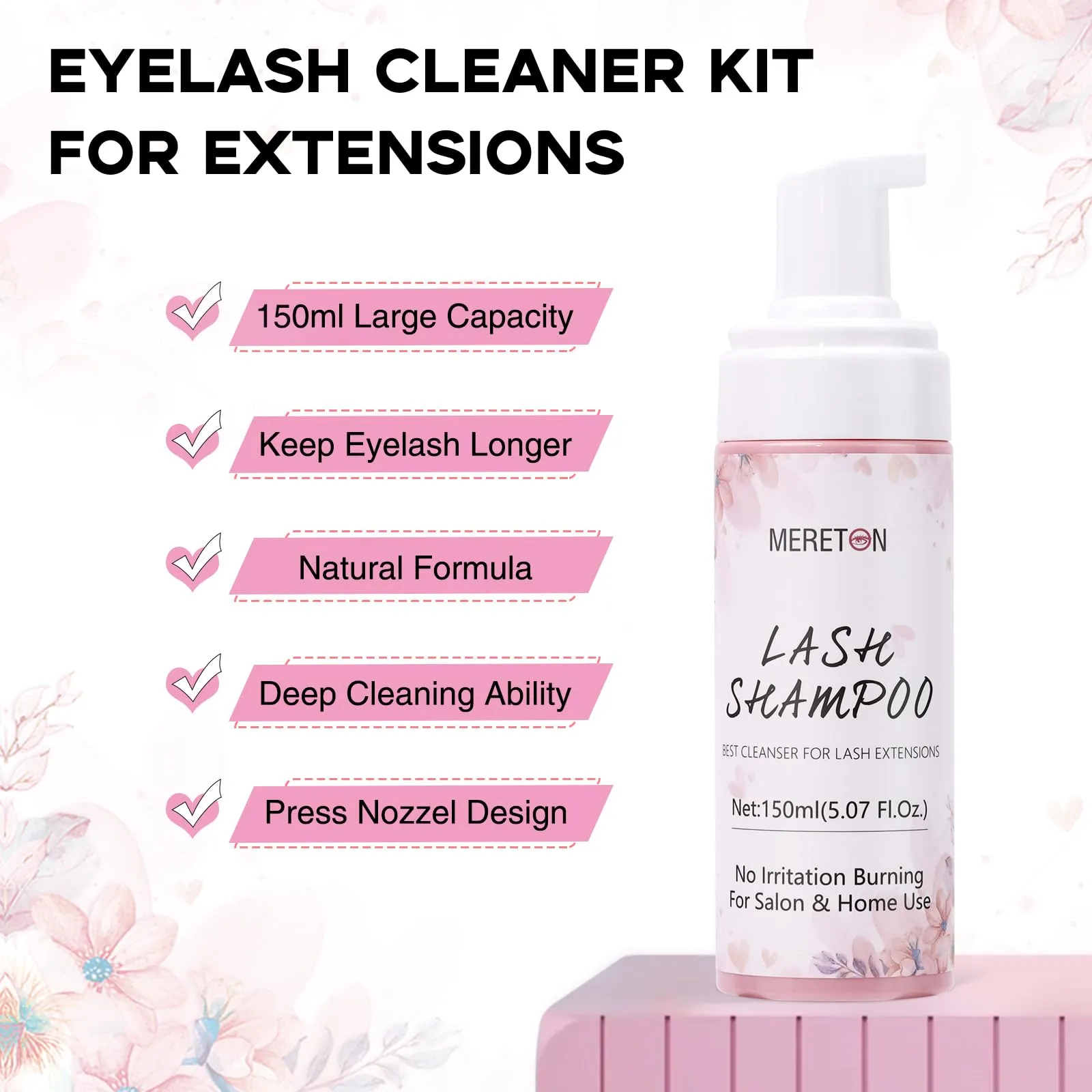 150ml Lash Shampoo for Lash Extensions, Eyelash Extension Cleanser Lash Cleaning Kit for Cluster Lashes with Fan Makeup Pad Cleaning Brush 100 Pcs Lash Brush Wash Bottle, Oil Free Foam