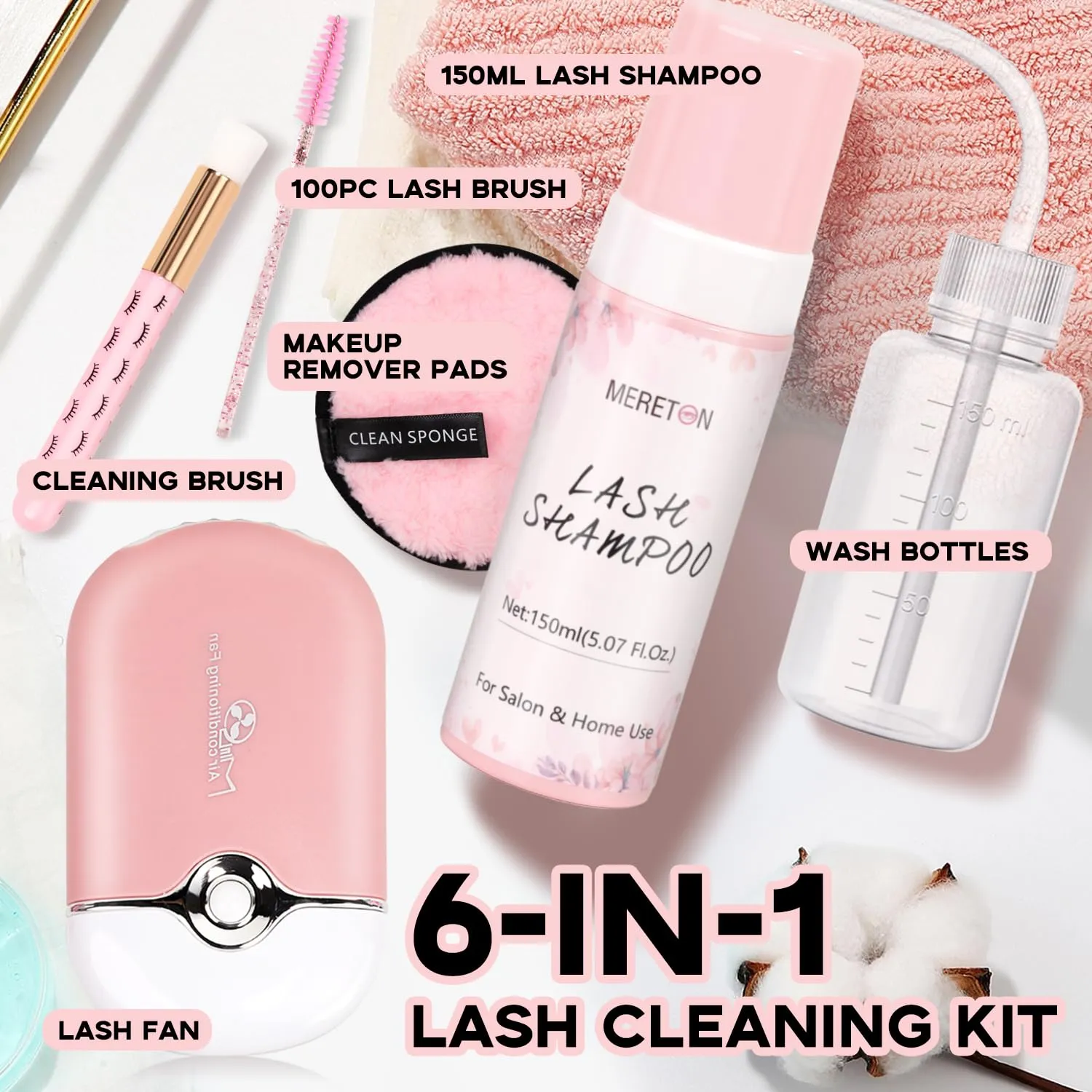 150ml Lash Shampoo for Lash Extensions, Eyelash Extension Cleanser Lash Cleaning Kit for Cluster Lashes with Fan Makeup Pad Cleaning Brush 100 Pcs Lash Brush Wash Bottle, Oil Free Foam