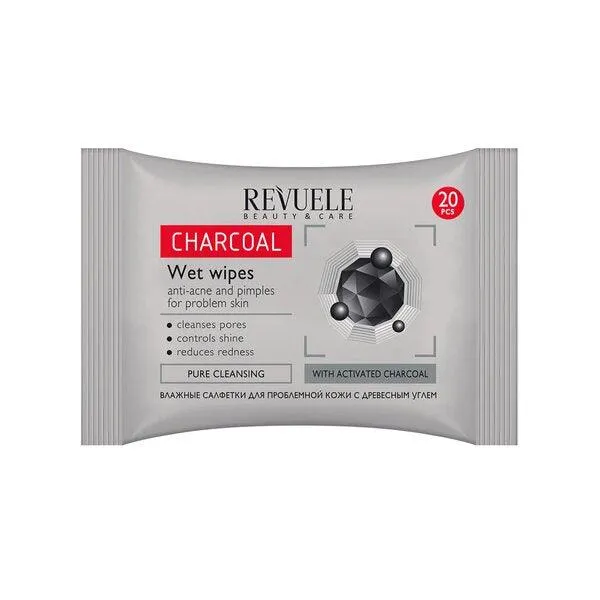 Revuele Charcoal Wet Wipes for Acne & Pimples - 20 Count, Ideal for Problematic Skin